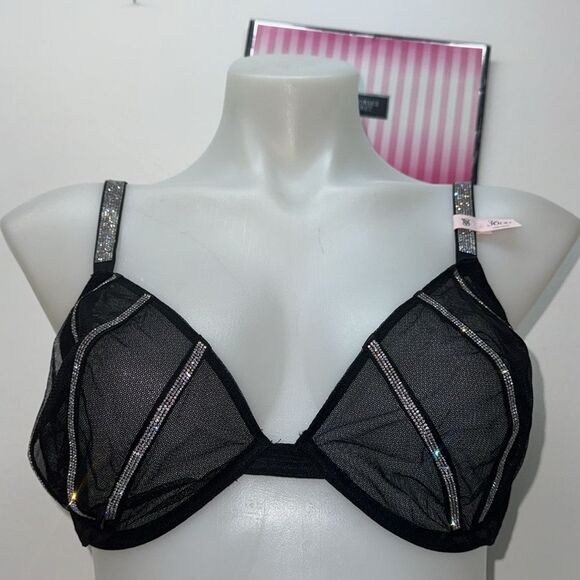 🔥Victoria's Secret Black and Silver Lace Bra Set Sz 36DD // Large new - Picture 2 of 8